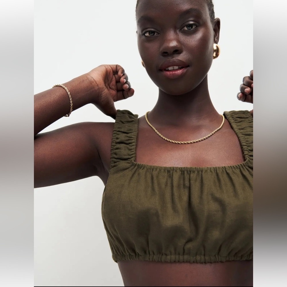 The Reformation Suki Linen Top Dark Olive